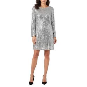 AQUA Sequined Long Sleeve Sparkly Mini Shift Cocktail Party Dress Silver Size 12